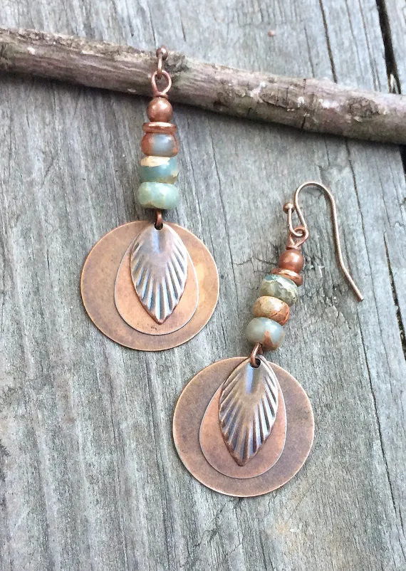 Boho dangle earrings, copper earrings, copper and African Opal jewelry