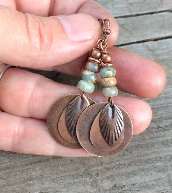 Boho dangle earrings, copper earrings, copper and African Opal jewelry