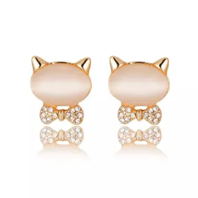 Bow Cat Natural Opal Stud Earrings (14K Gold Plated - Rose Gold or Yellow Gold)