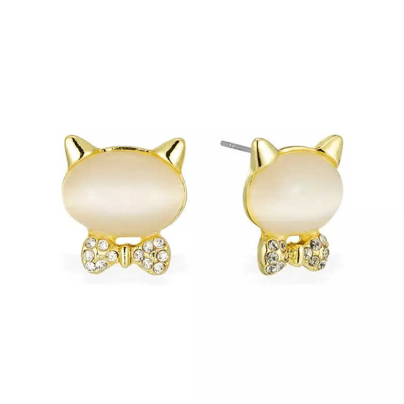 Bow Cat Natural Opal Stud Earrings (14K Gold Plated - Rose Gold or Yellow Gold)