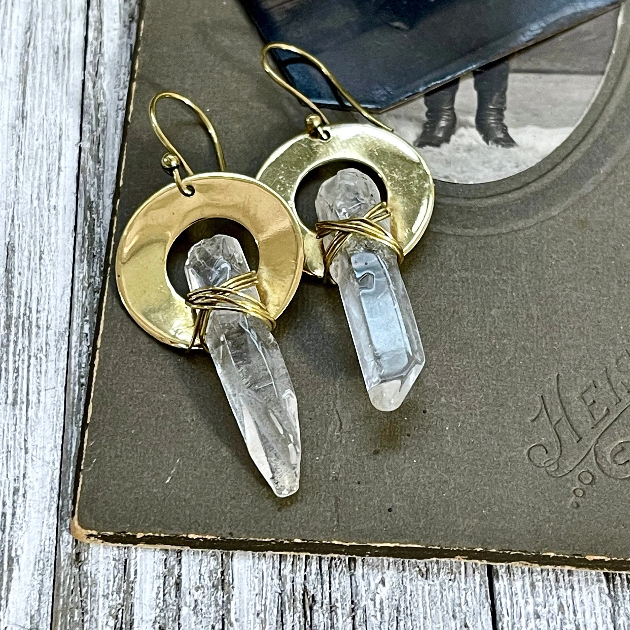 Brass Drop Earrings with Natural Clear Quartz Crystals