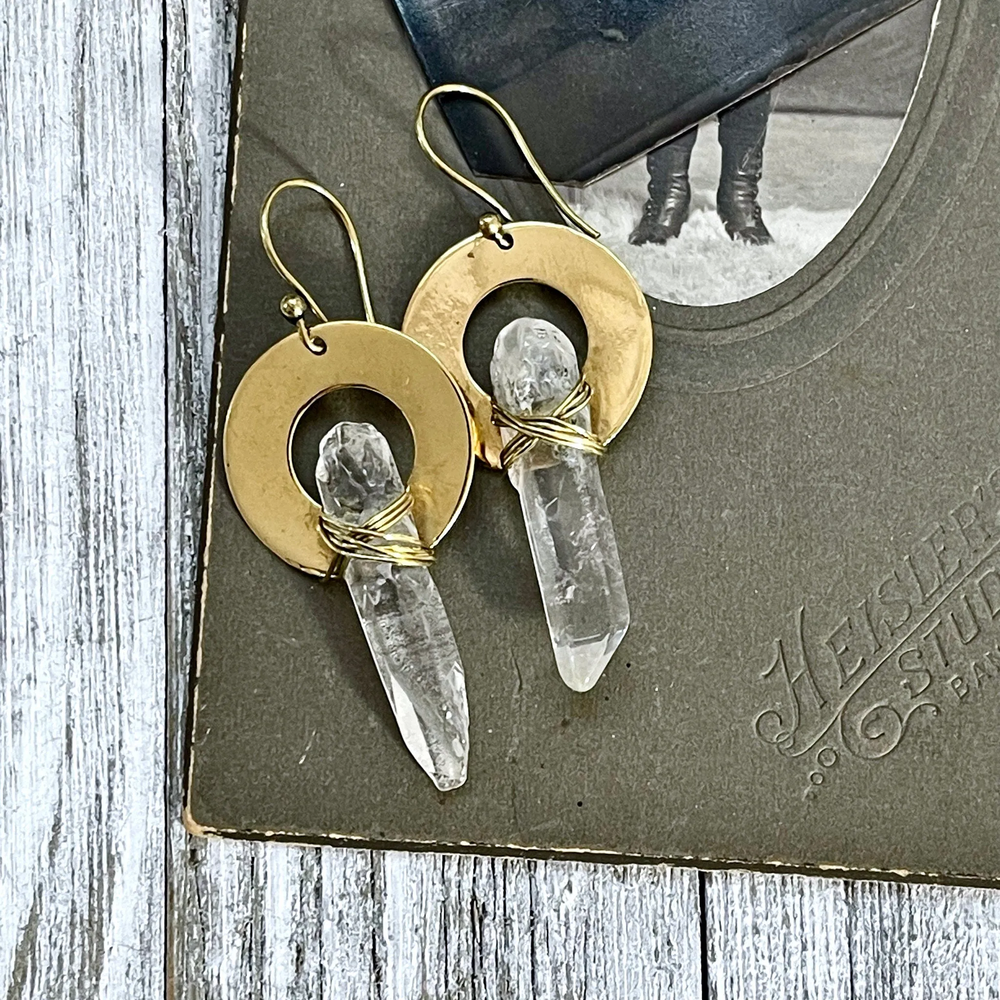 Brass Drop Earrings with Natural Clear Quartz Crystals