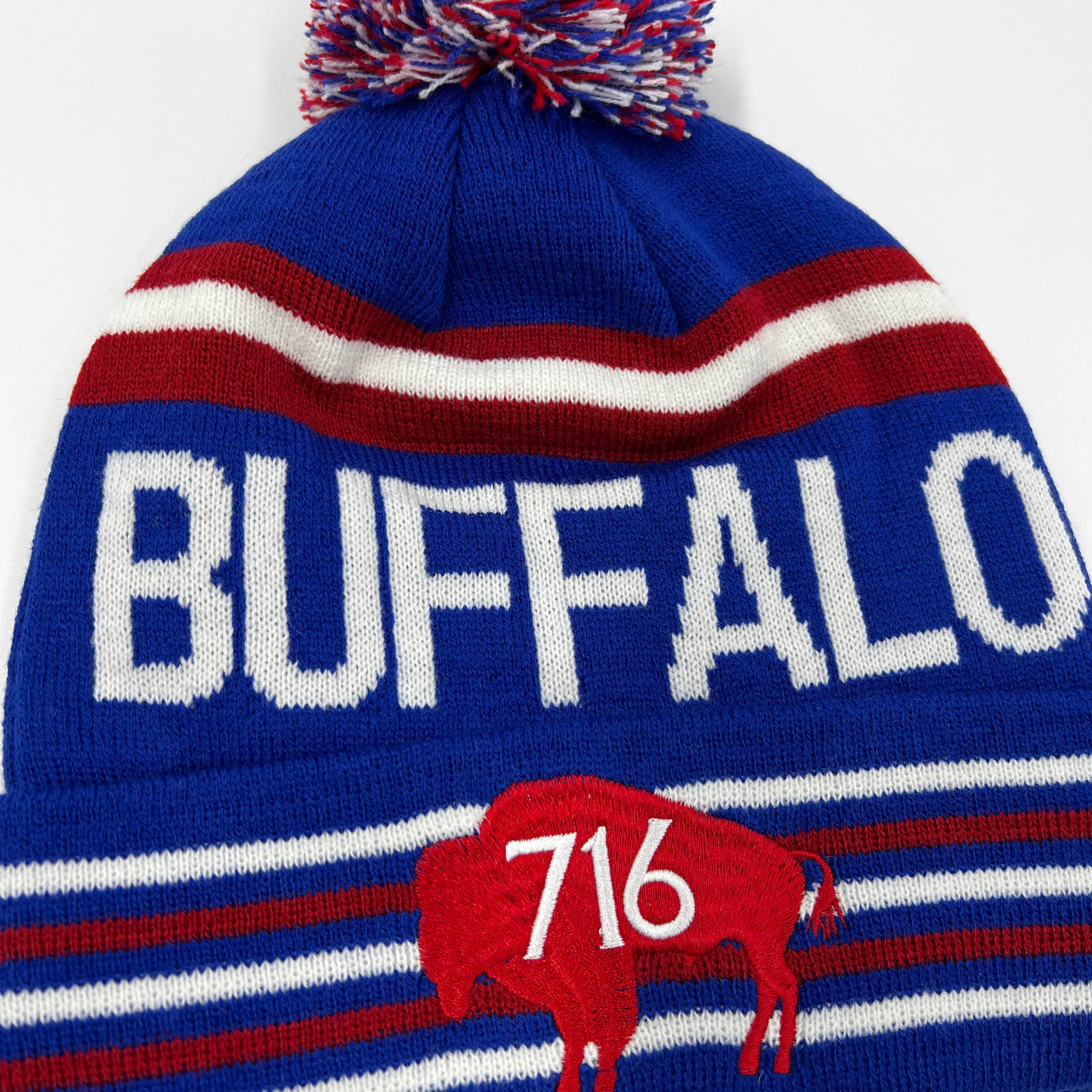 Buffalo Red, White, and Blue Knit Pom Pom Winter Hat