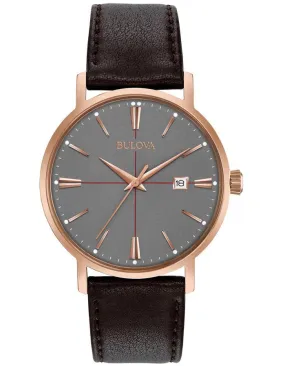 Bulova Mens Classic - Rose Gold-Tone Case - Leather Strap - Grey Dial - Date