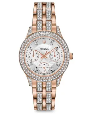 Bulova Womens Crystal Chronograph Watch - Rose Gold-Tone - Swarovski - Bracelet