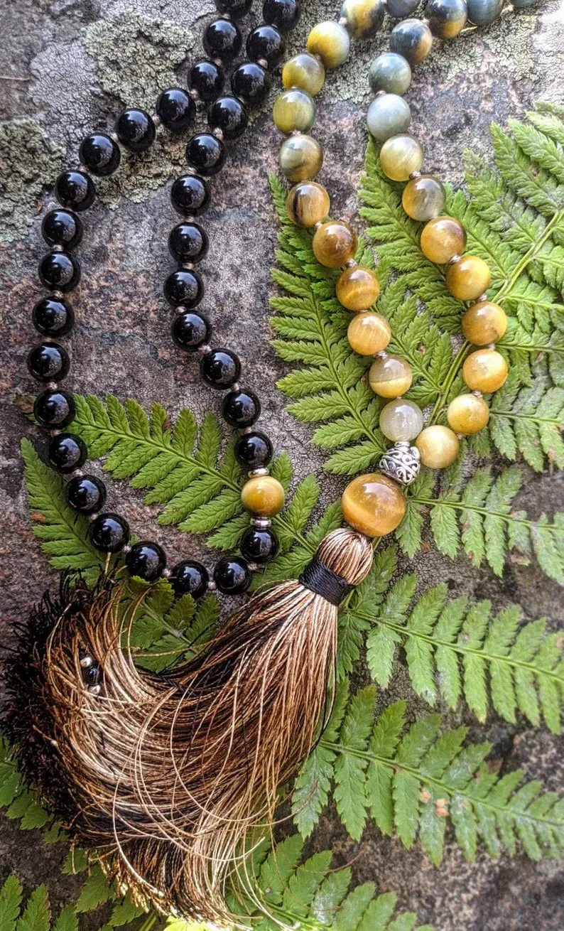 Cats Eye, Black Onyx & Silver Beads in 108 Bead Prayer Necklace