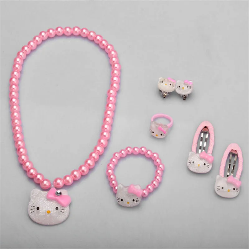 Children Hair Accessories Set Hello Kitty Jewelry 1set=7pcs Jewelry Accessories Necklace Bracelet Hairpin High Quality JQ01