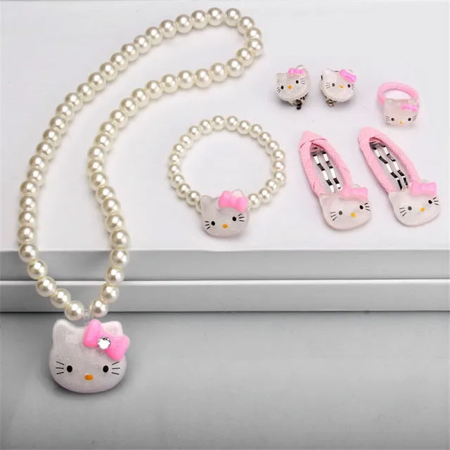 Children Hair Accessories Set Hello Kitty Jewelry 1set=7pcs Jewelry Accessories Necklace Bracelet Hairpin High Quality JQ01