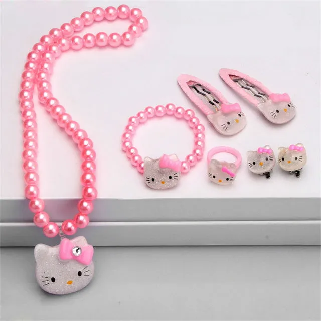 Children Hair Accessories Set Hello Kitty Jewelry 1set=7pcs Jewelry Accessories Necklace Bracelet Hairpin High Quality JQ01