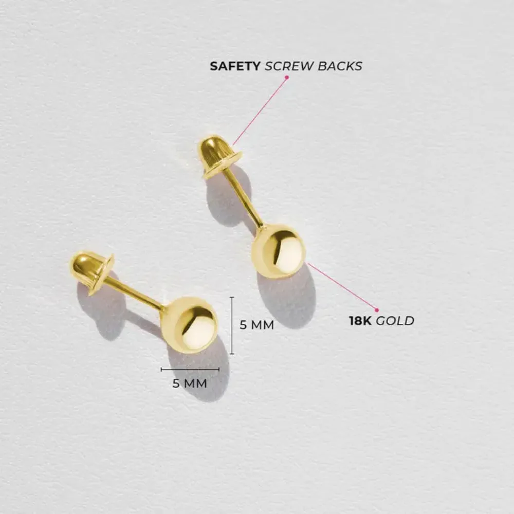 Children's 18k Yellow Gold Classic 5mm Ball Stud Safety Screw Back Earrings