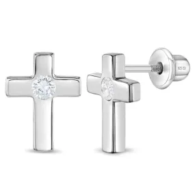 Children's Sterling Silver & CZ Classic Cross Stud Earrings