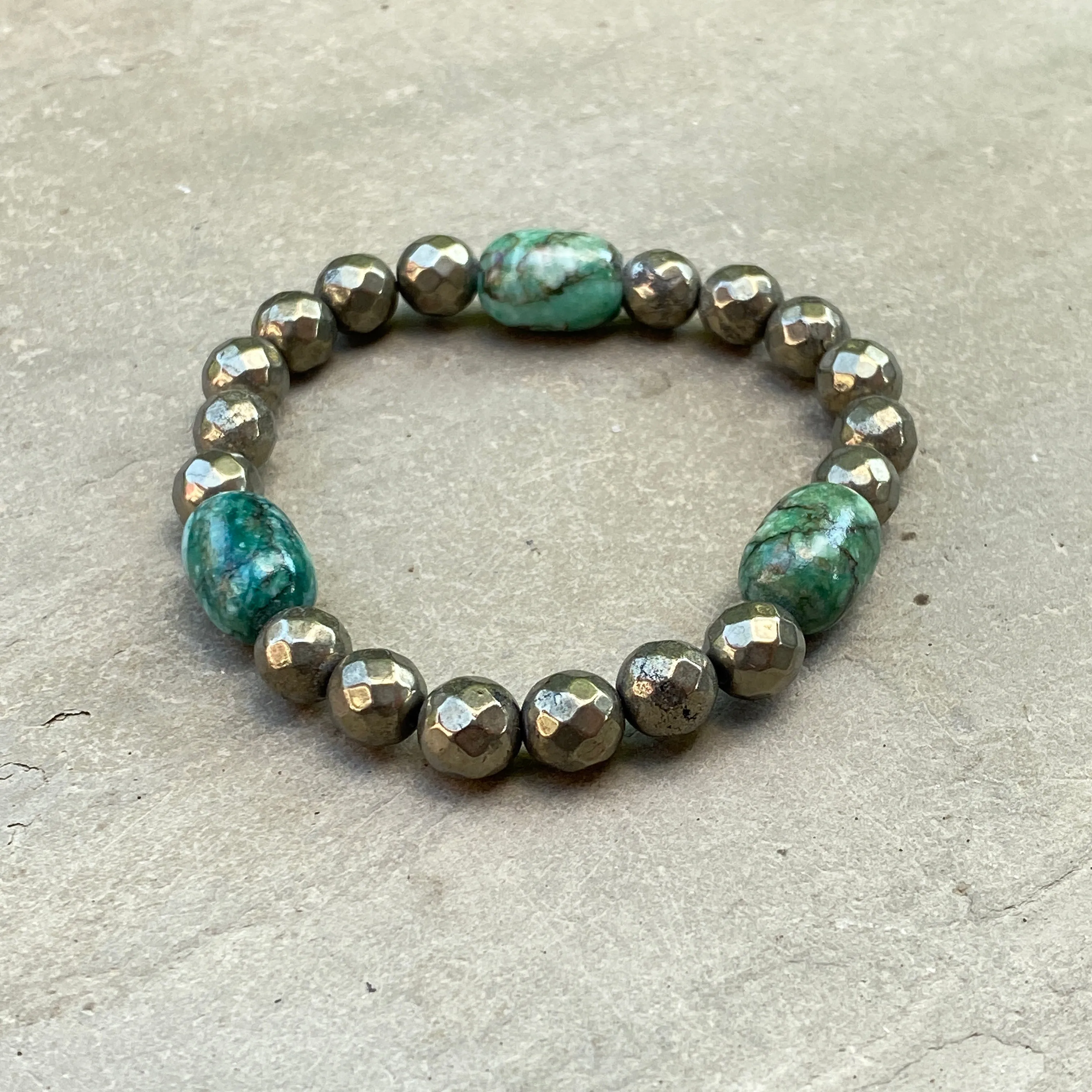 Chunky Faceted Pyrite and Chysoprass Stretch Bracelet