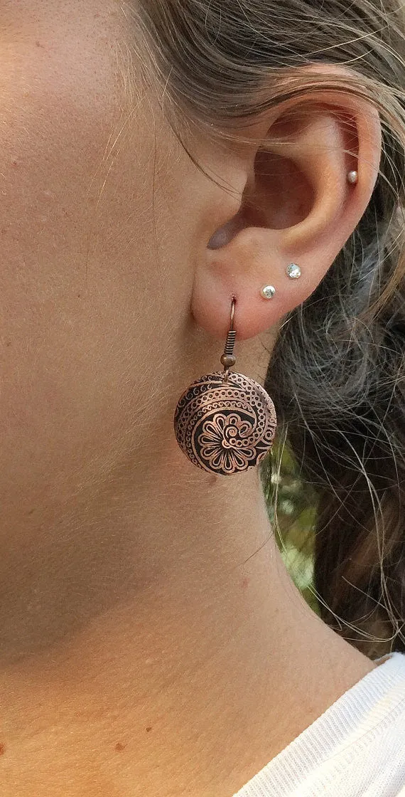 Copper etched earrings, small dangle earrings, copper jewelry, nature jewelry