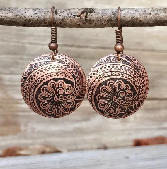 Copper etched earrings, small dangle earrings, copper jewelry, nature jewelry