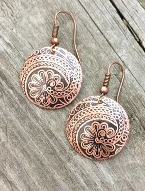 Copper etched earrings, small dangle earrings, copper jewelry, nature jewelry