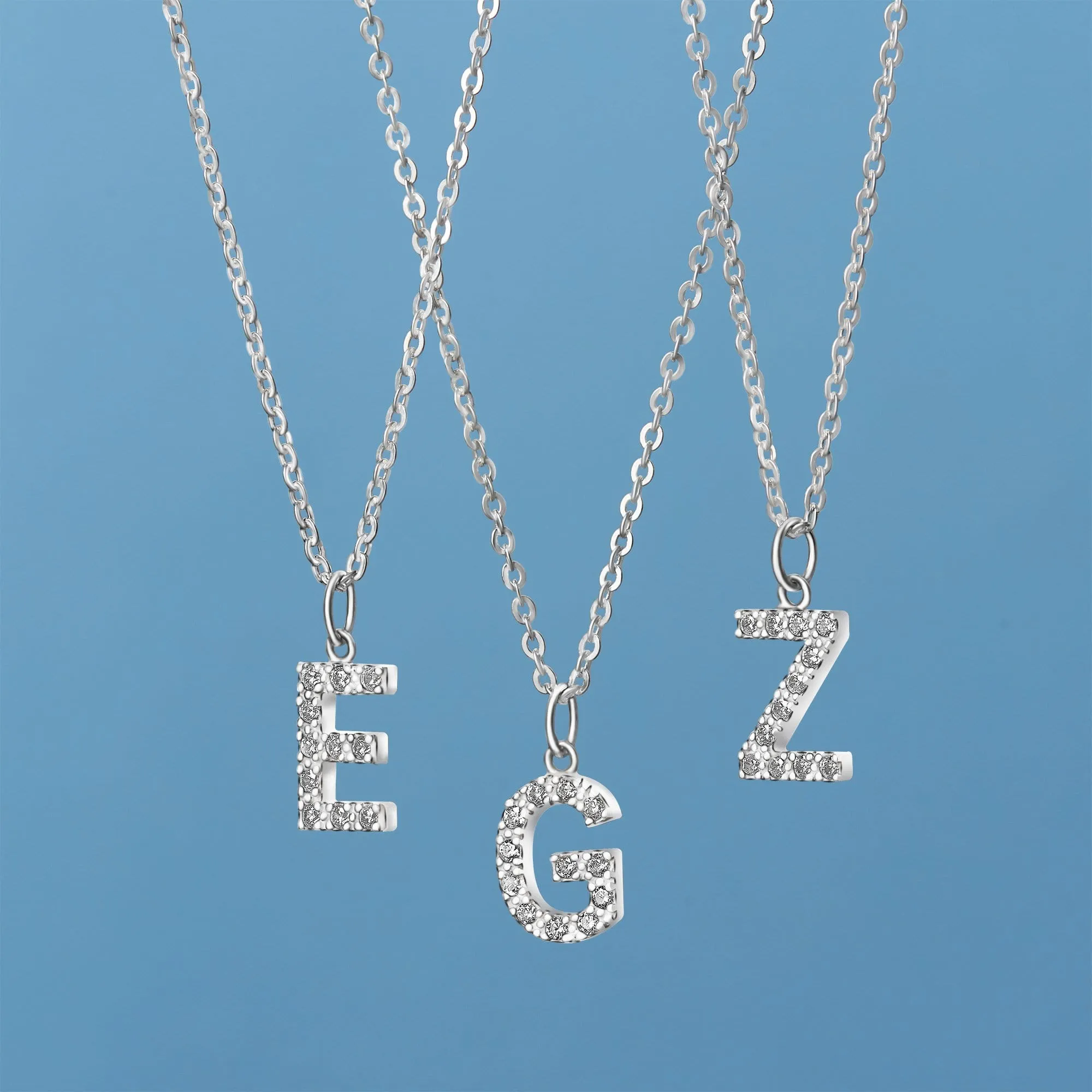 CZ Initial Sterling Silver Pendants, 26 Alphabets