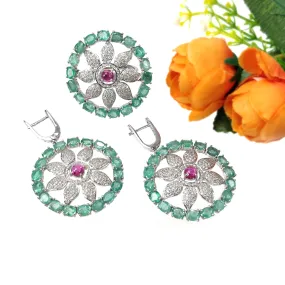 EMERALD & Pink TOURMALINE Gemstone With CZ Jewelry : 925 Sterling Silver Natural Untreated Round Oval Earring Ring Jewelry Set