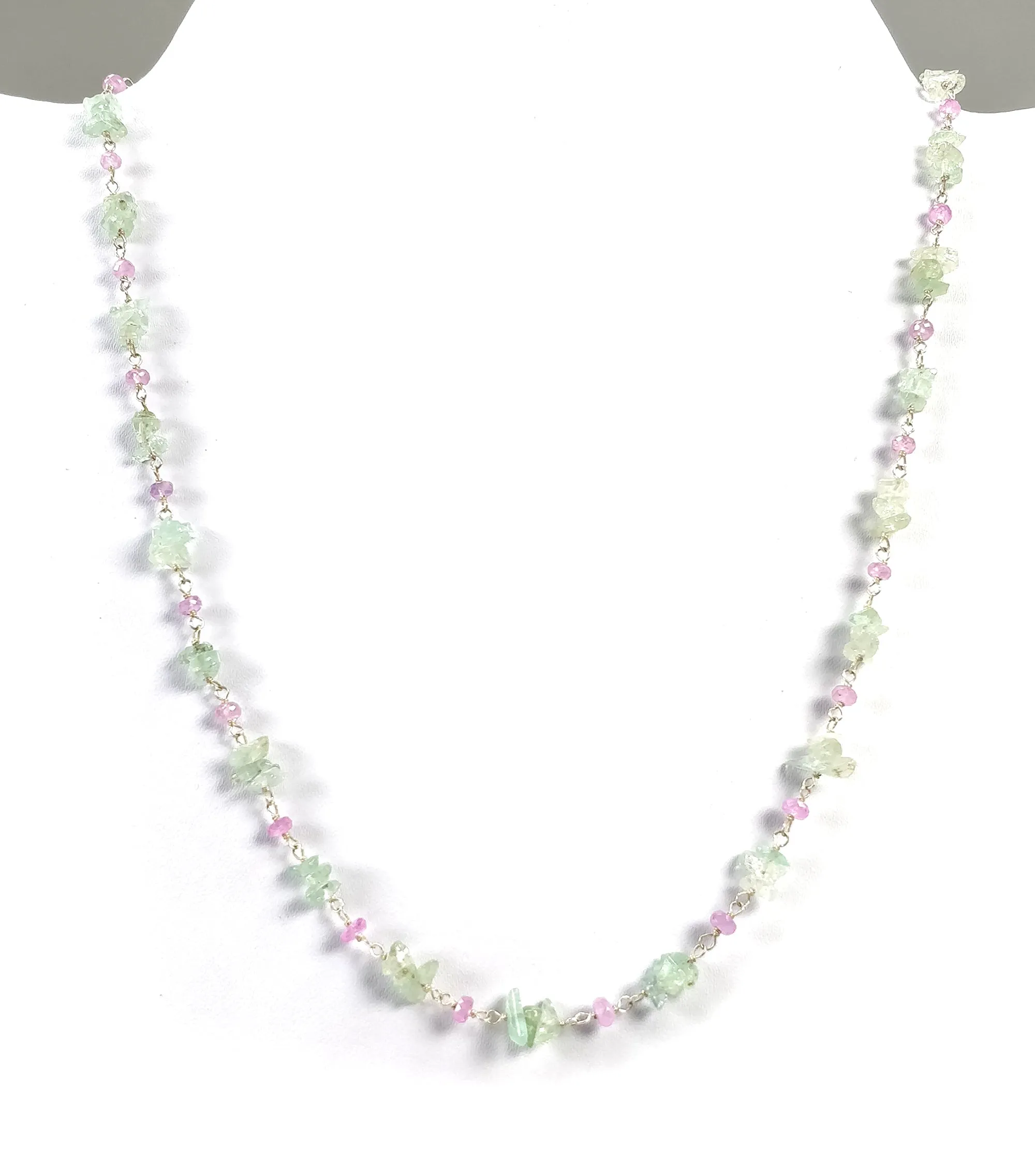 EMERALD And PINK Sapphire Gemstones Beads Chain NECKLACE: 925 Sterling Silver Natural Emerald Sapphire Gemstone Uncut 18" Statement Necklace