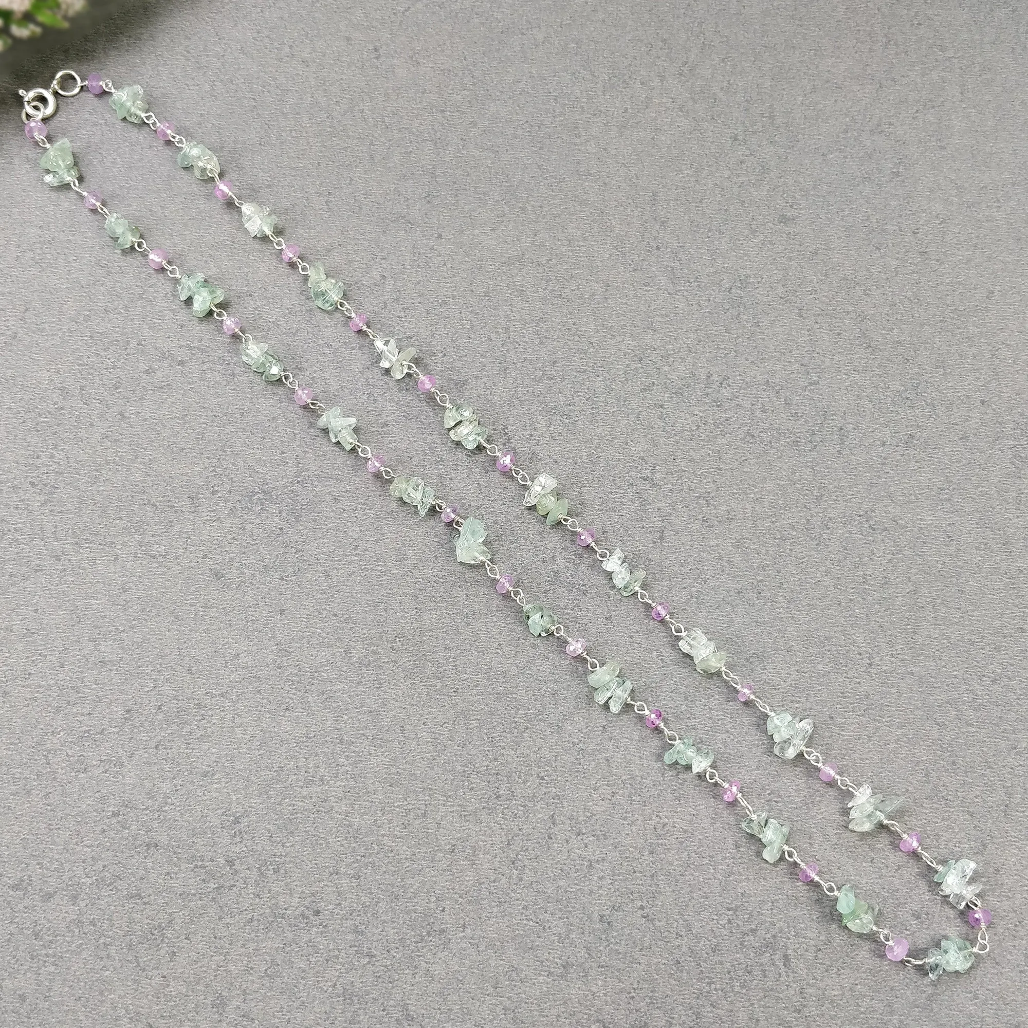 EMERALD And PINK Sapphire Gemstones Beads Chain NECKLACE: 925 Sterling Silver Natural Emerald Sapphire Gemstone Uncut 18" Statement Necklace