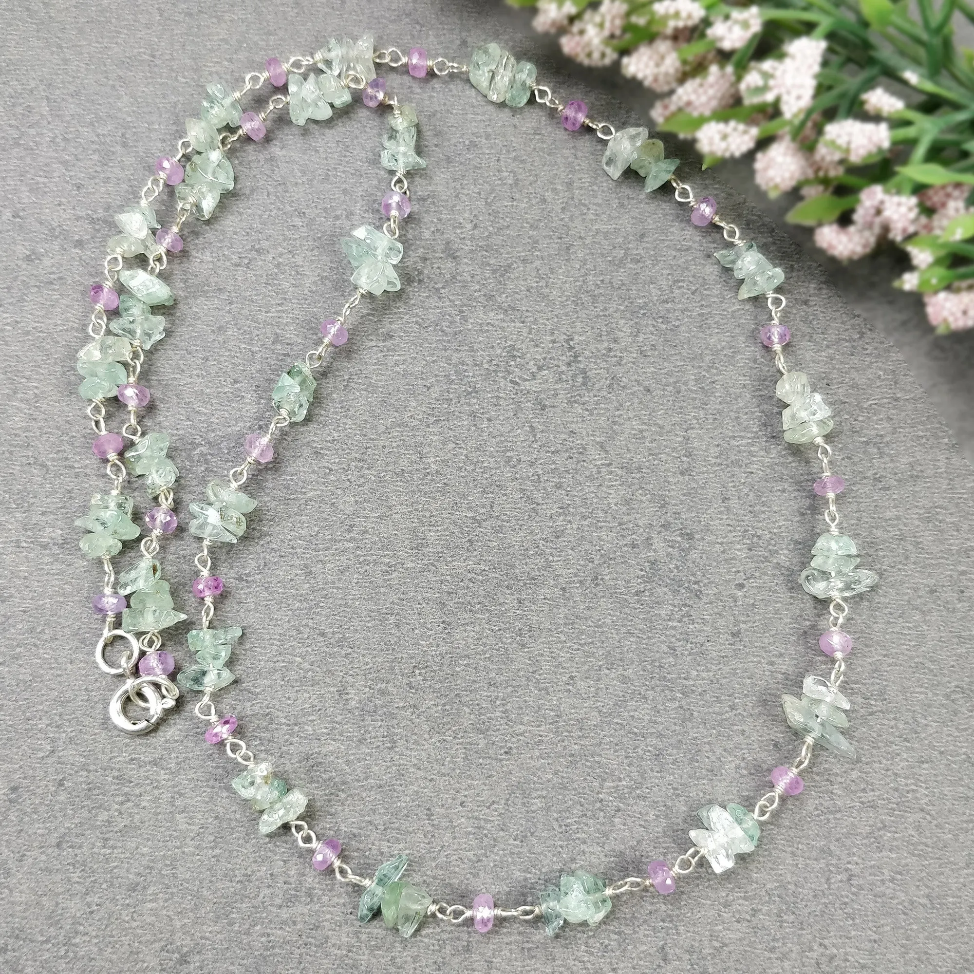 EMERALD And PINK Sapphire Gemstones Beads Chain NECKLACE: 925 Sterling Silver Natural Emerald Sapphire Gemstone Uncut 18" Statement Necklace