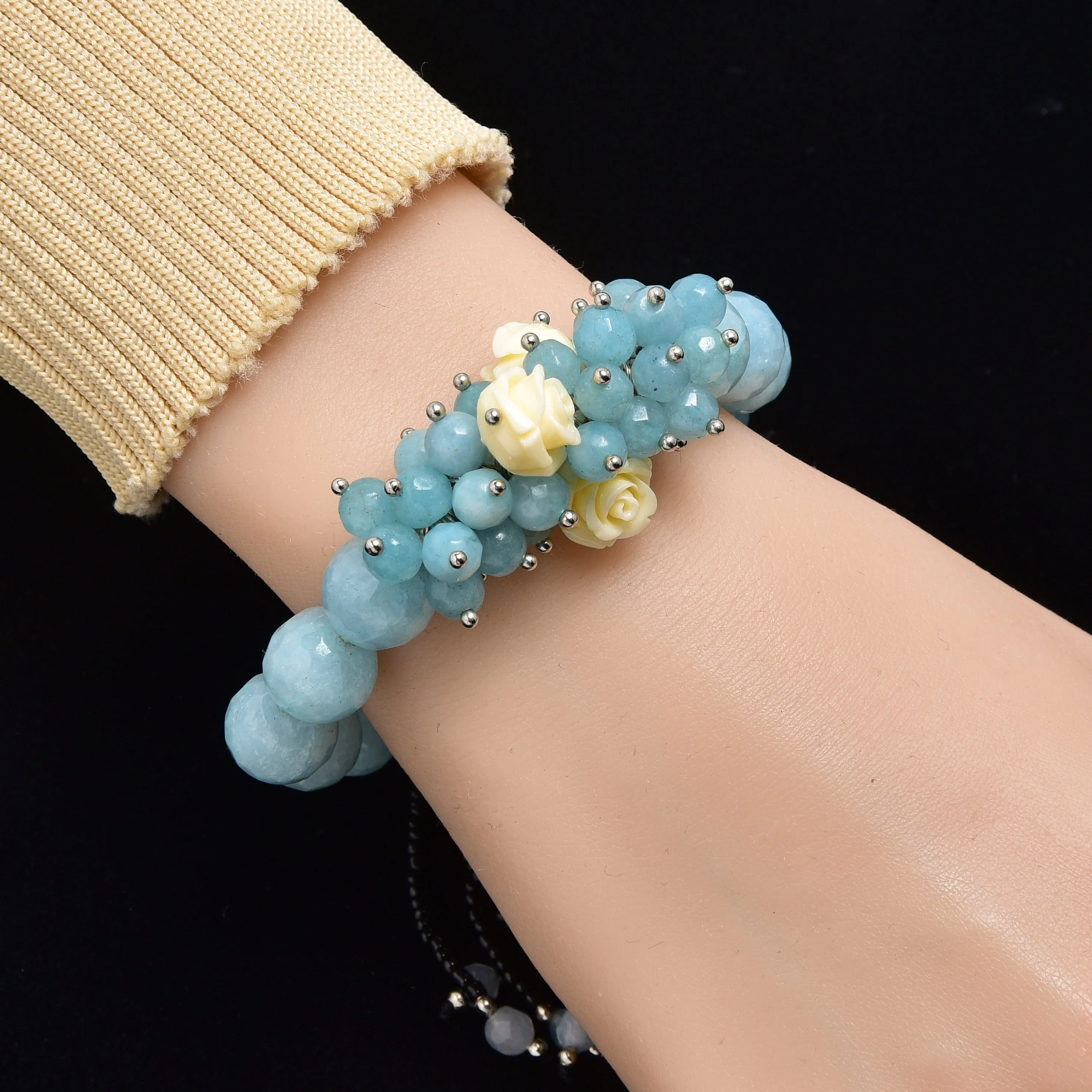 Faceted Aqua Agate with Flower Accents 12mm Gemstone Bead Elastic Bracelet