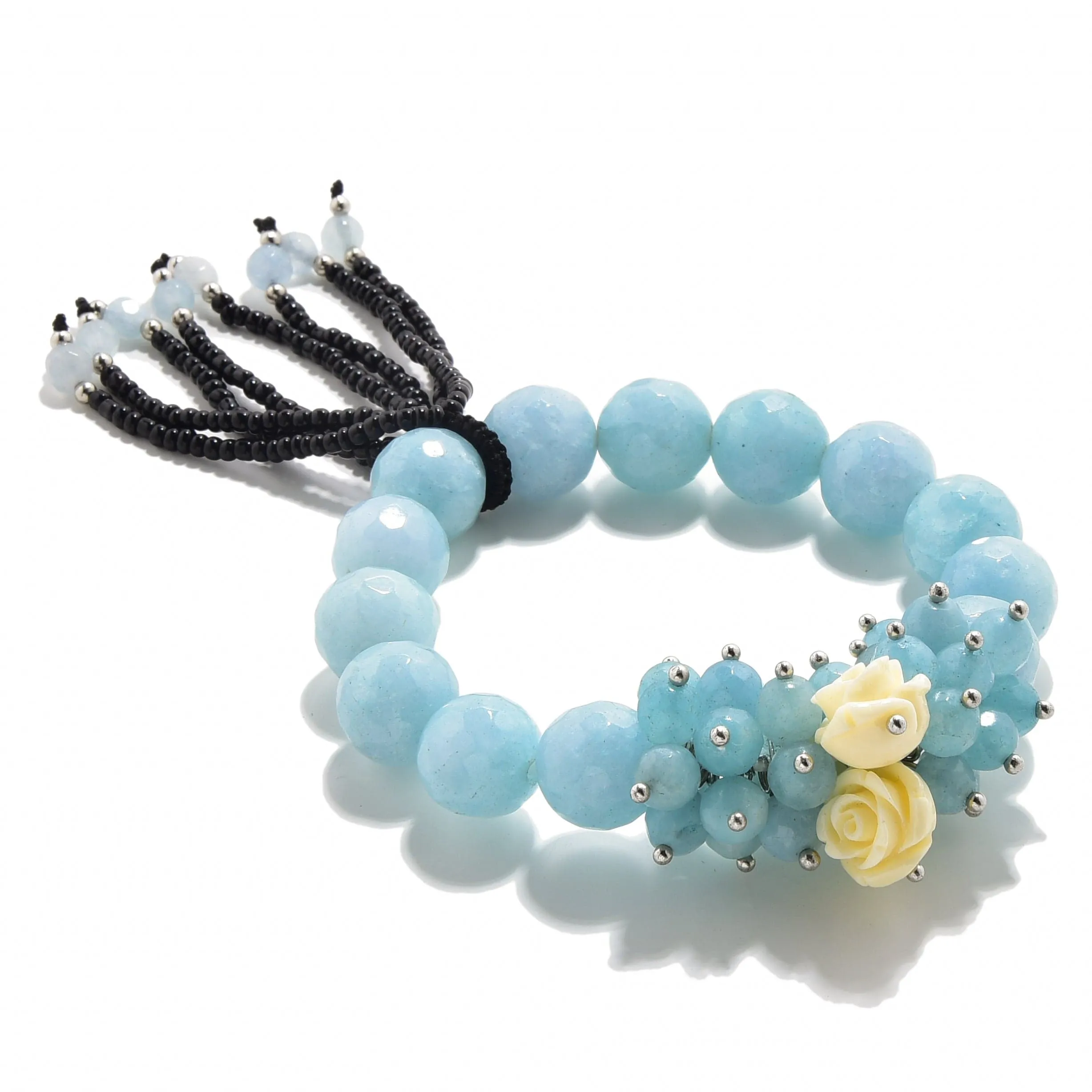 Faceted Aqua Agate with Flower Accents 12mm Gemstone Bead Elastic Bracelet