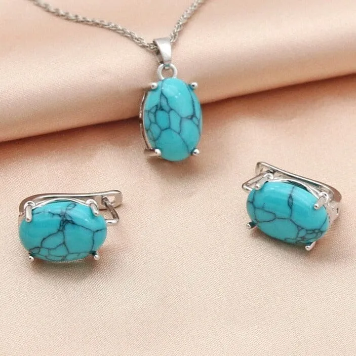 Fine Oval Egg-Shaped Synthetic Turquoise Jewelry Set - 585 Rose Gold