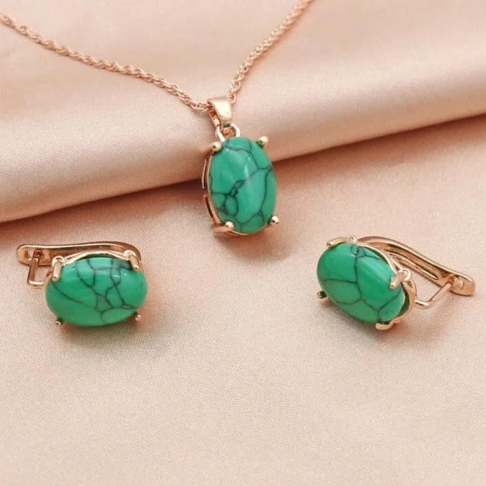 Fine Oval Egg-Shaped Synthetic Turquoise Jewelry Set - 585 Rose Gold