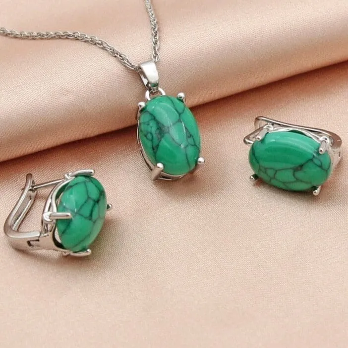 Fine Oval Egg-Shaped Synthetic Turquoise Jewelry Set - 585 Rose Gold