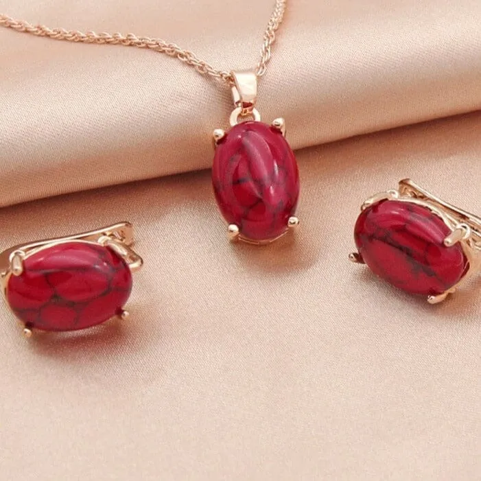 Fine Oval Egg-Shaped Synthetic Turquoise Jewelry Set - 585 Rose Gold