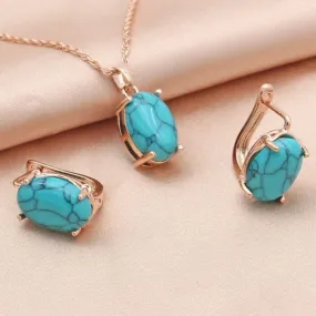 Fine Oval Egg-Shaped Synthetic Turquoise Jewelry Set - 585 Rose Gold