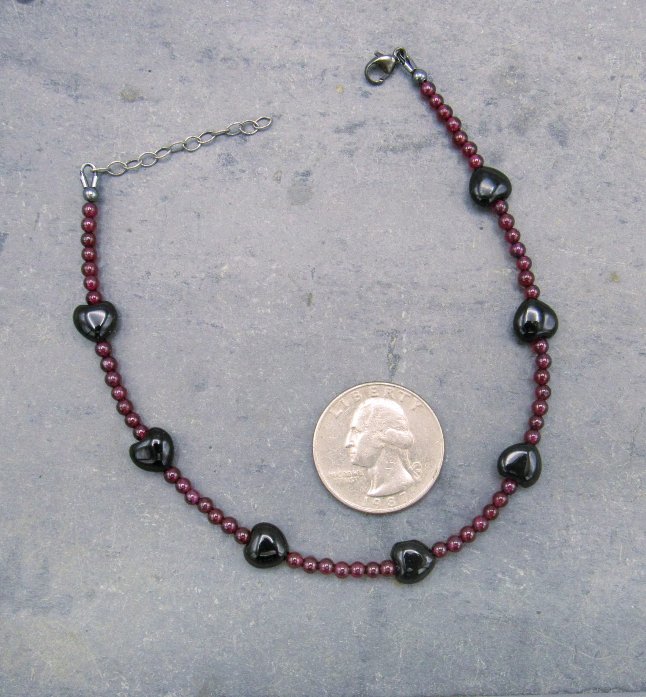 Garnet gemstones and Onyx Hearts Anklet with Oxidized Sterling