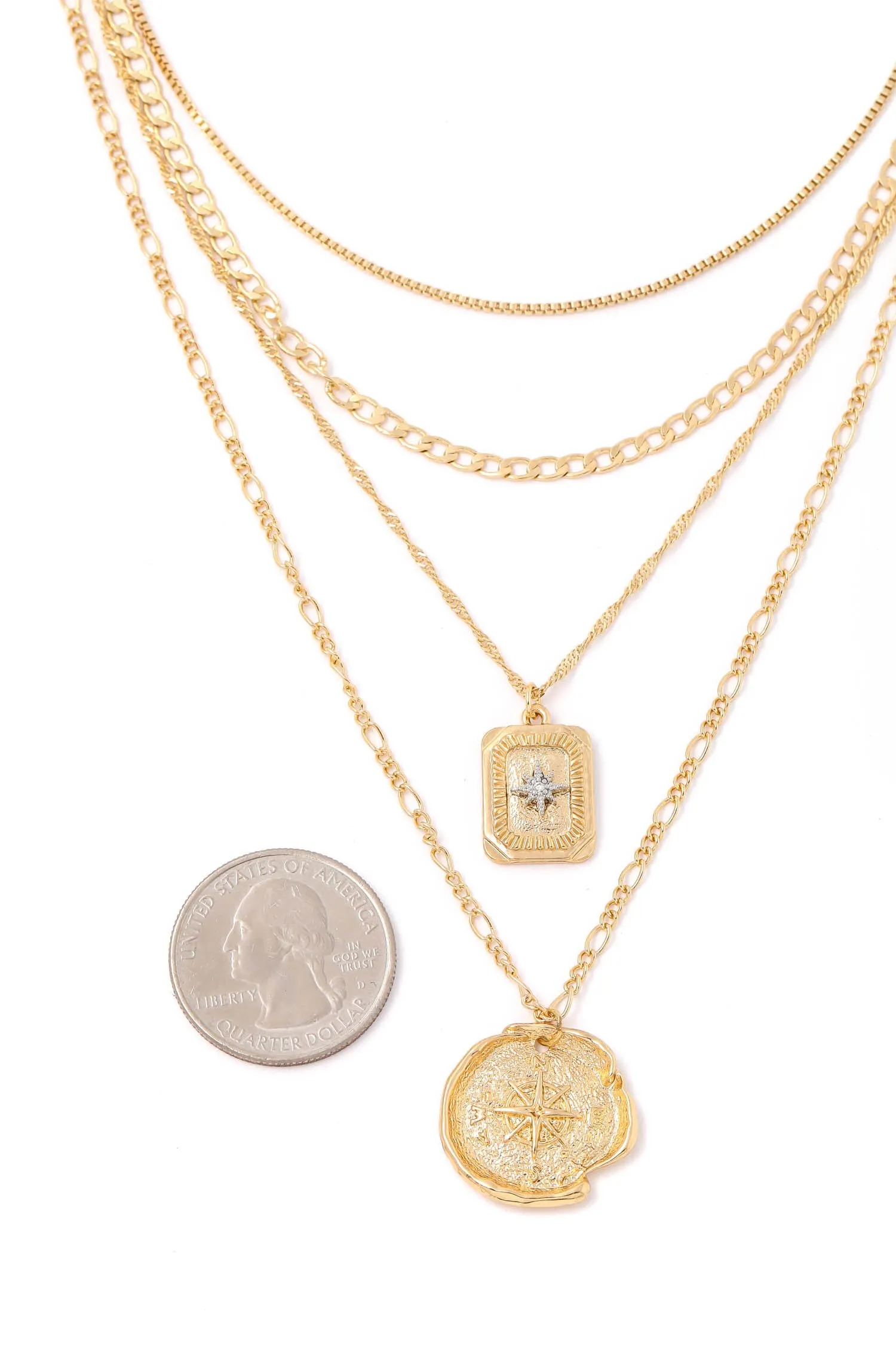 Gold Chain Layered North Star Coin Pendant Necklace