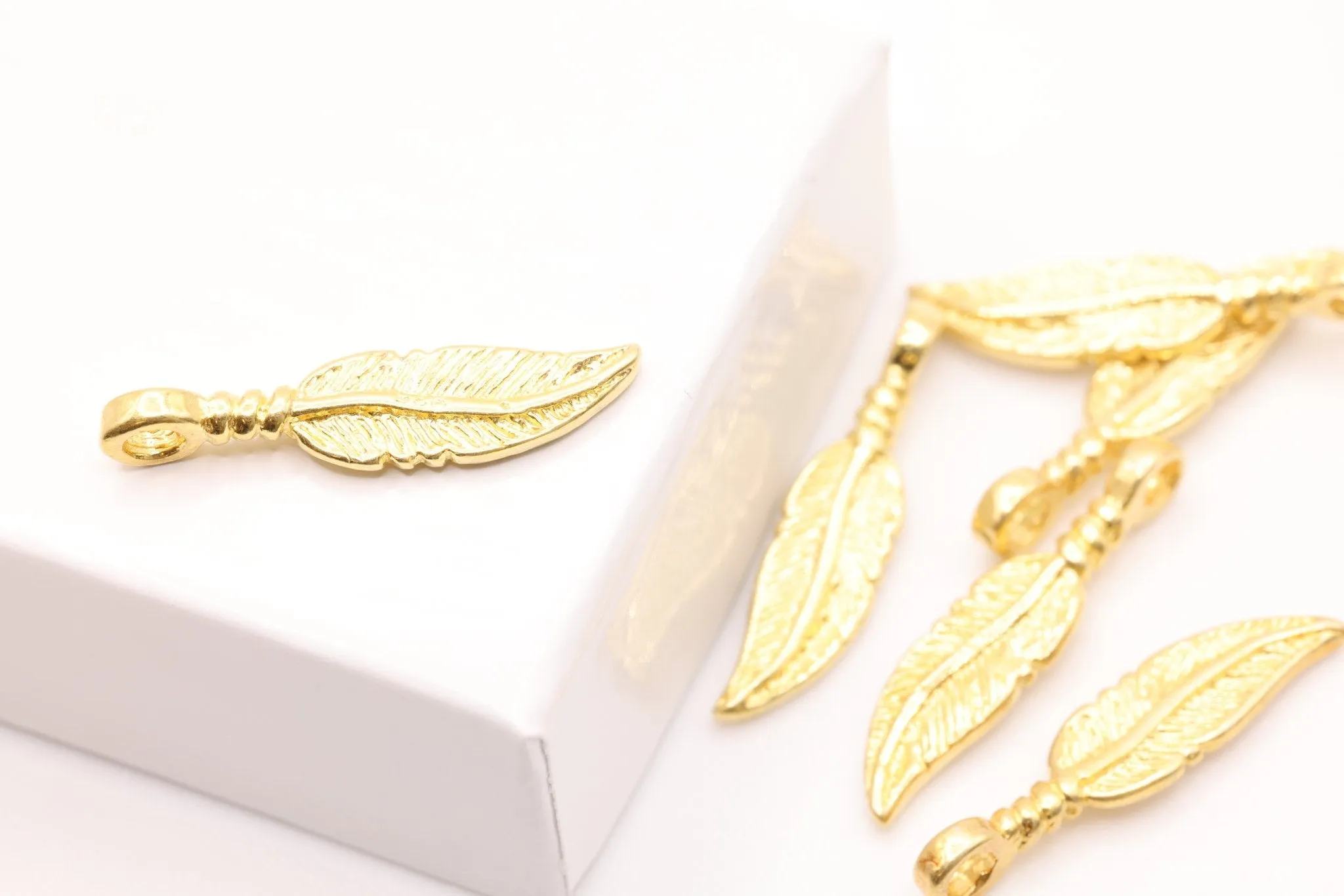 Gold Feather Charm, Solid 14K Gold, Jewelry Making Charm