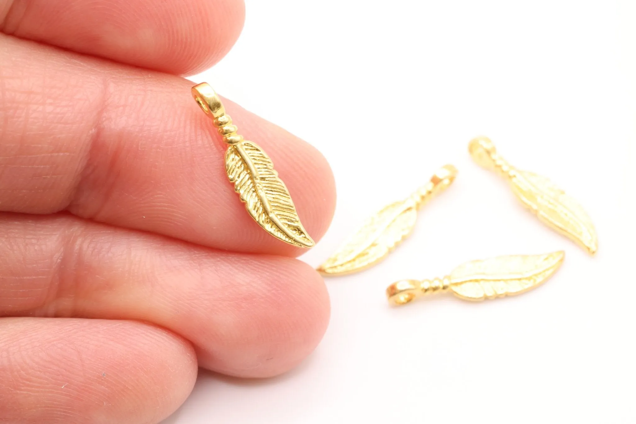 Gold Feather Charm, Solid 14K Gold, Jewelry Making Charm