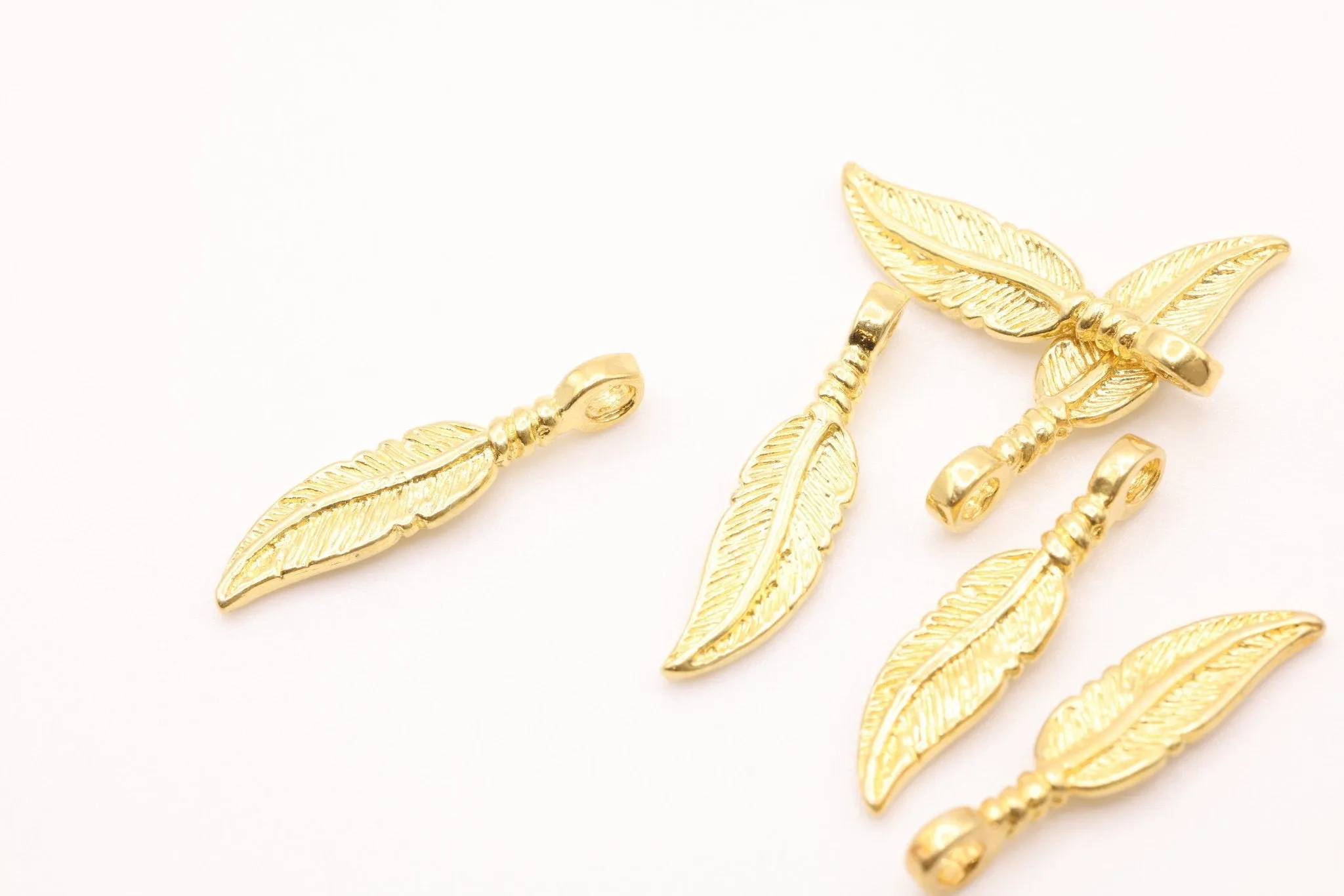 Gold Feather Charm, Solid 14K Gold, Jewelry Making Charm