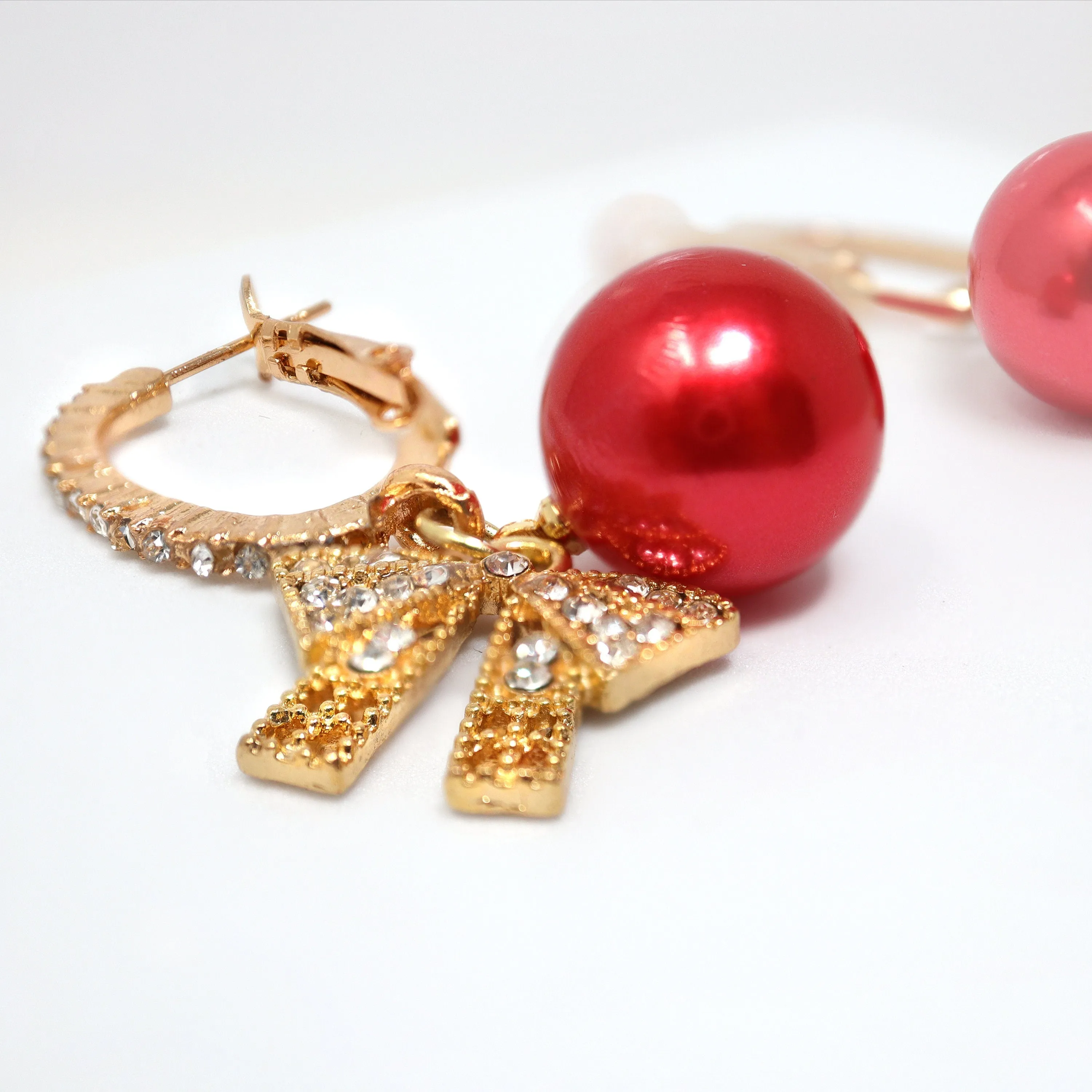 Golden Holiday Bow Red Drop Christmas Themed earrings, Red Gold Christmas Earrings Statement Christmas earrings.