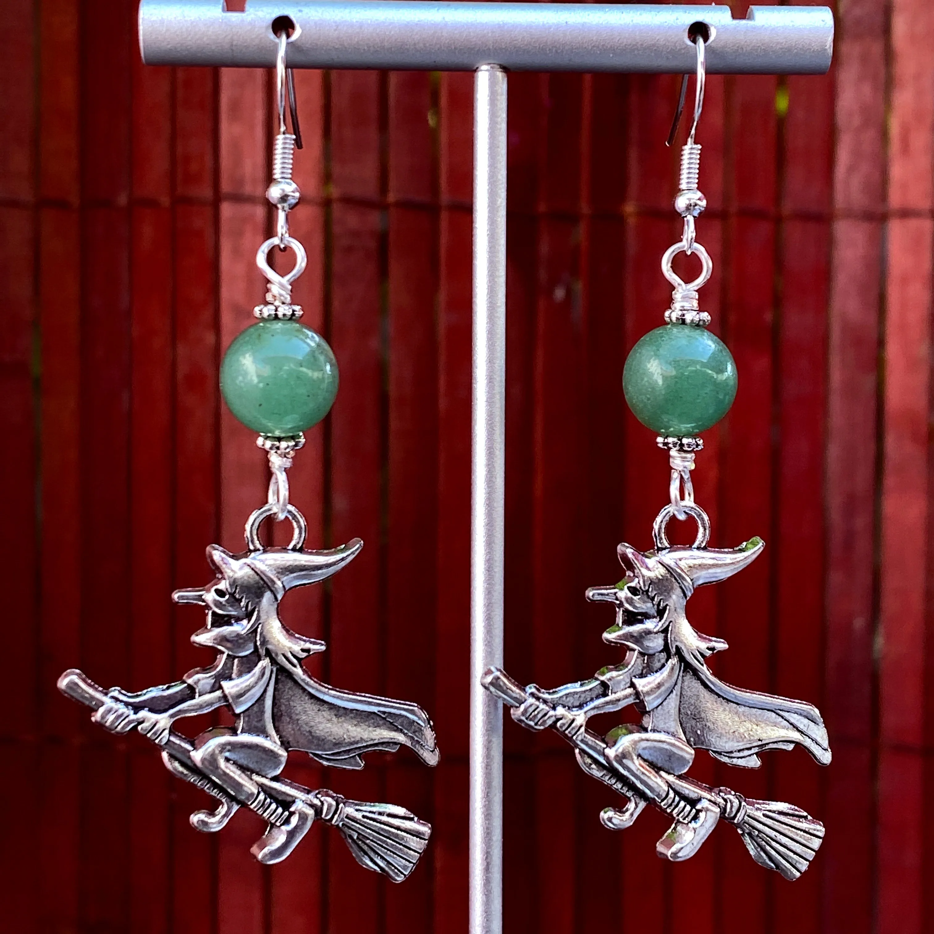 Halloween Witch and Green Aventurine Dangle Earrings