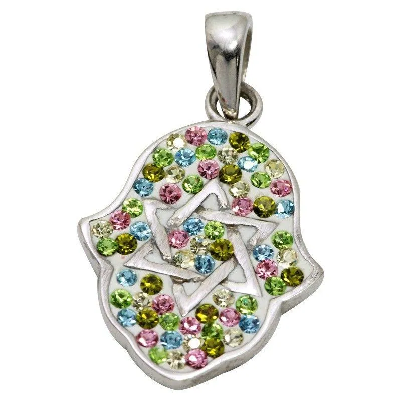 Hamsa Silver Pendant With Green Gemstones   925 Sterling Silver Chain #8