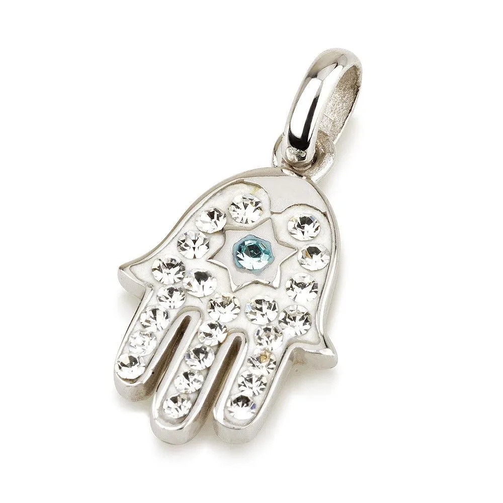 Hamsa Silver Pendant With White Gemstones   925 Sterling Silver Chain #42