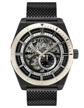 Hugo Boss Mens Signature Skeleton Dial Watch - Black Metal - Metal Mesh Bracelet