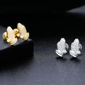 Iced Out Pray Hand Stud Earrings