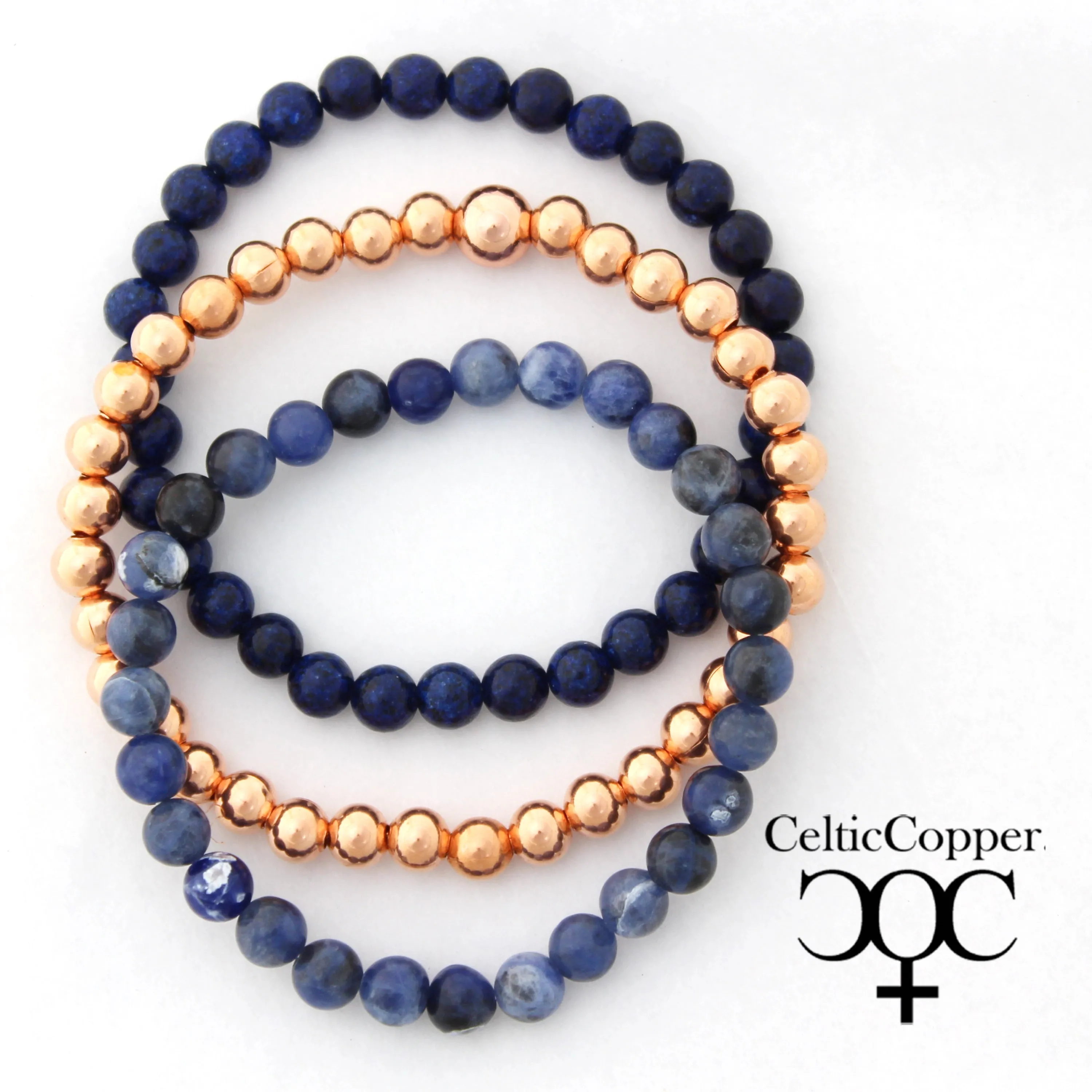 Lapis Lazuli Copper Bracelet Set Round Beaded Elastic Midnight Blue Copper Bracelets 3 Piece Set