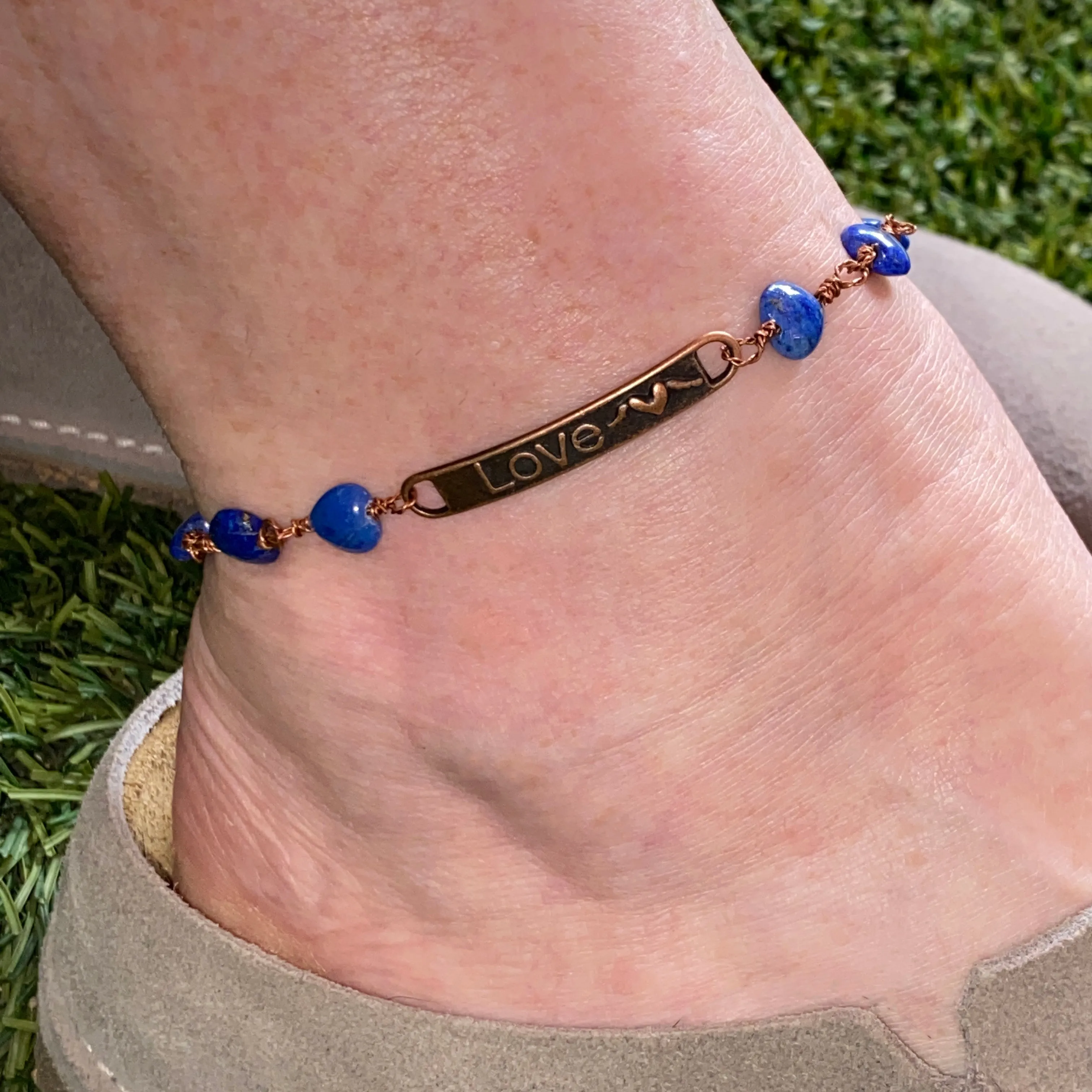 Lapis Lazuli gemstone Hearts on copper chain Anklet