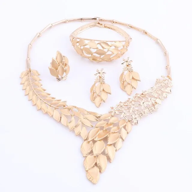 Leaves and Flowers Necklace, Bracelet, Earrings & Ring Wedding Jewelry Set