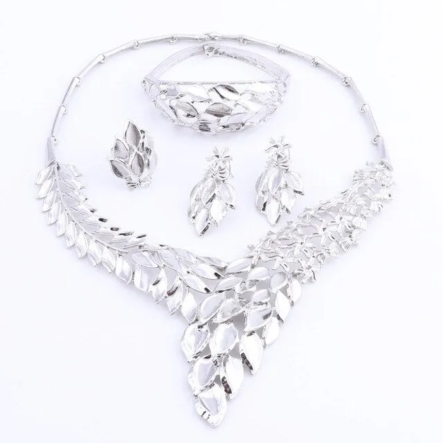 Leaves and Flowers Necklace, Bracelet, Earrings & Ring Wedding Jewelry Set