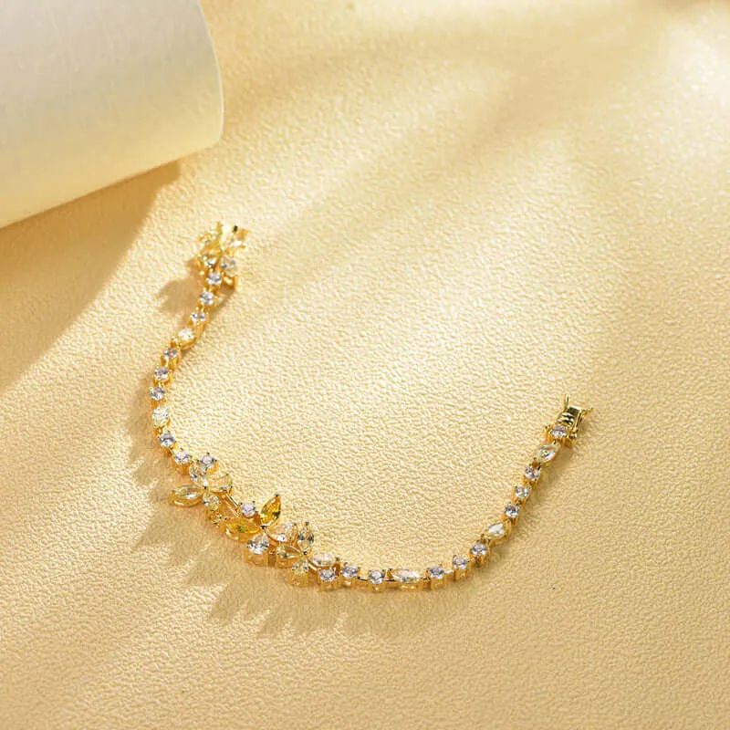 Luxury Flower Yellow Gold Cubic Zirconia Chain Bracelet