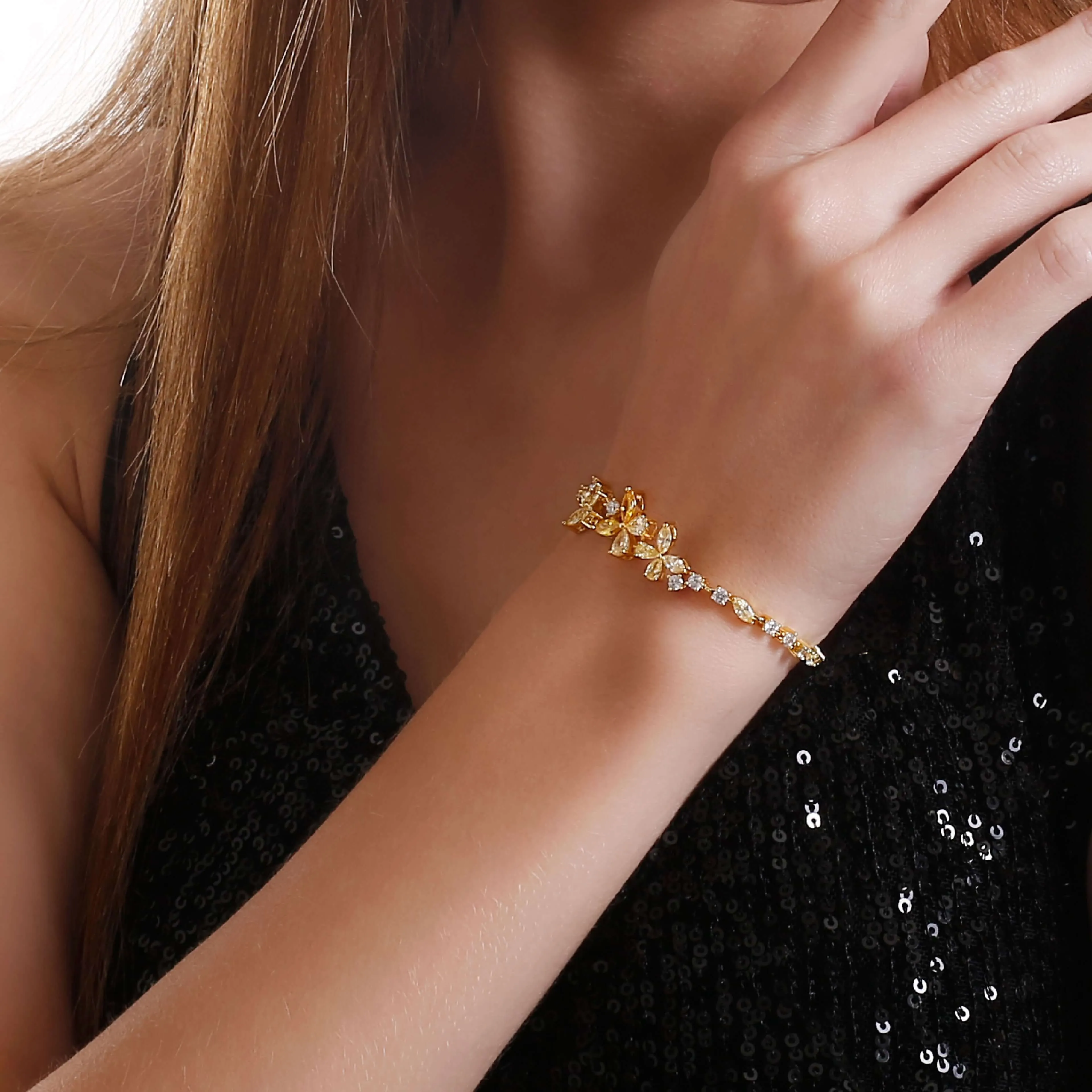 Luxury Flower Yellow Gold Cubic Zirconia Chain Bracelet