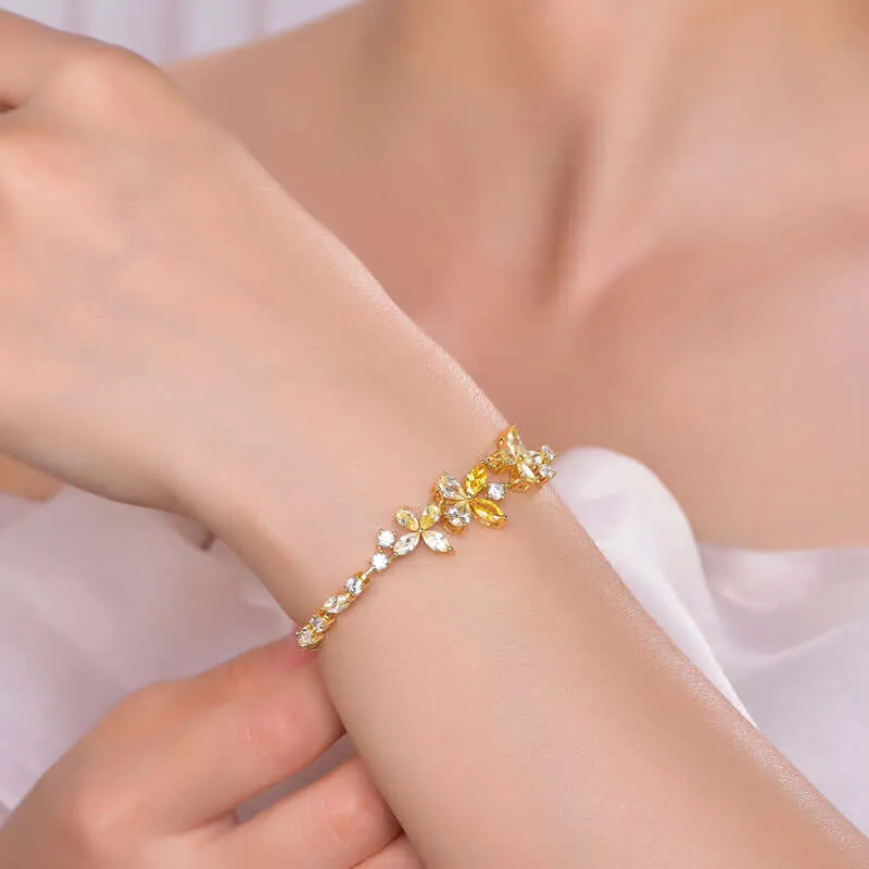 Luxury Flower Yellow Gold Cubic Zirconia Chain Bracelet