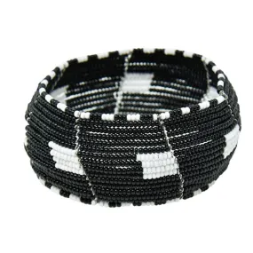 Maasai Concave Maasai Beaded Bangle 02 - Black & White